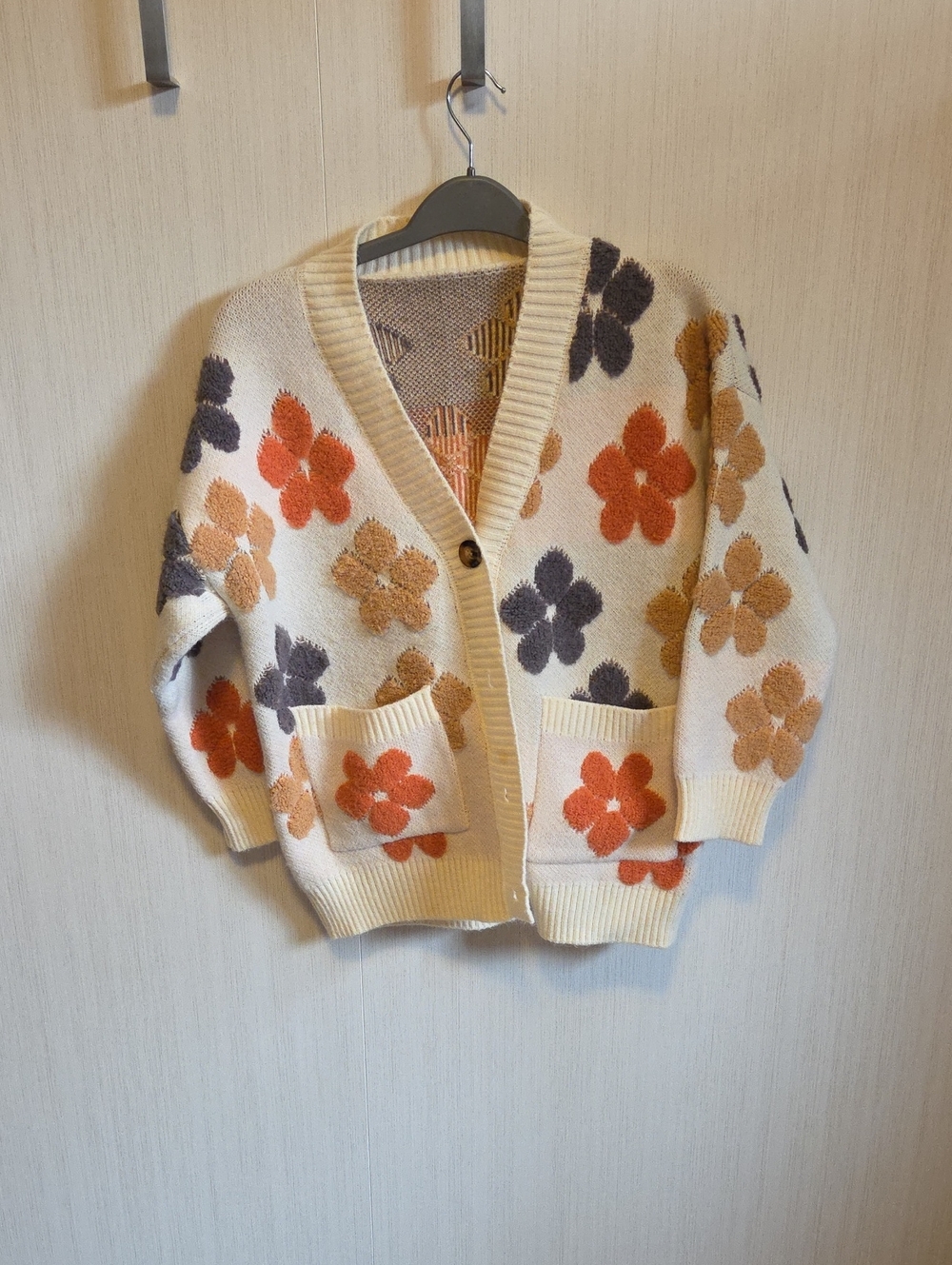Floral Knit Button-Front Cardigan Sweater - Cream with Orange & Brown Flowers